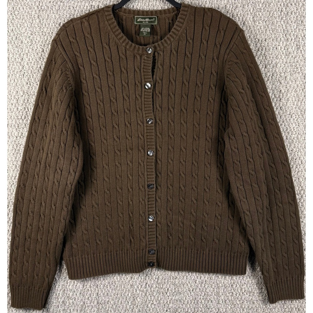 Eddie Bauer Y2K Cardigan Womens XL Tall Brown Cable Knit Sweater Grandma Preppy